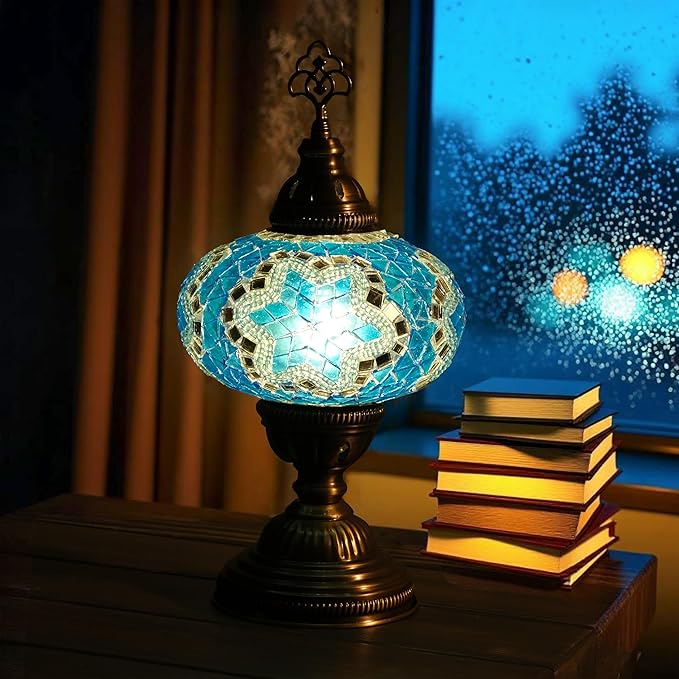 Turkish Mosaic Table Lamp with Bulb – Handmade Turquoise Blue Stained Glass Bedside Light, Authentic Vintage Boho Decor with E12 Socket & US Plug