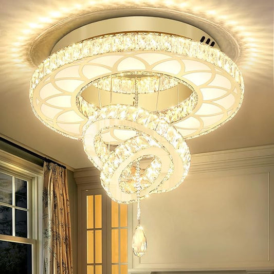 Flashing God 20" Modern Crystal Chandeliers for Living Room Gold Ceiling Chandelier LED Crystal Ceiling Light Flush Mount Chandelier for Bedroom Dining Room Entryway