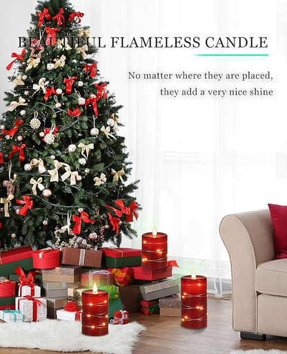 Red Flameless Candles with String Lights Battery Operated LED Pillar Candles 4‘’ 5‘’ 6‘’ Candle with Remote Control,Fake Candle Set of 3 for Christmas or Special Festivals Decorations