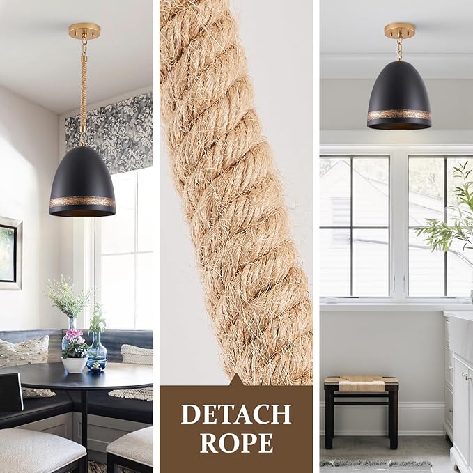Farmhouse Pendant Light Black 10in Hemp Rope Boho Kitchen Island Lighting French Country Ceiling Pendant Light for Kitchen Sink Dining Room Entry Hallway