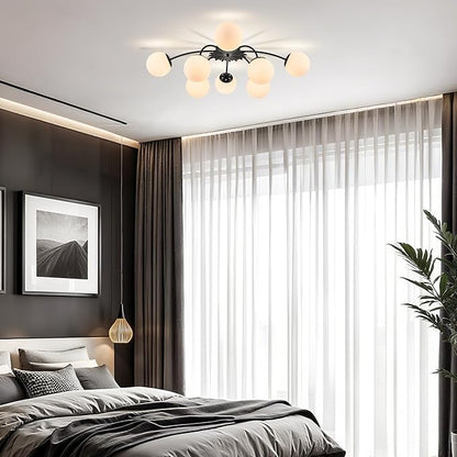 Longree 8-Light Black and White Sputnik Chandelier Flush Mount Ceiling Light with Blossom Accent, Mid Century Opal Glass Globe Bubble Chandeliers for Dining Hallway Living Entry Room