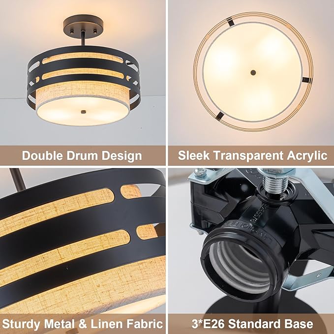 12.6” Drum Light Fixture Black Semi Flush Mount Ceiling Lights 3-Light Linen Boho Light Fixture Close to Ceiling Lighting for Bedroom Hallway Kitchen Entryway Foyer Dining Room Laundry Room
