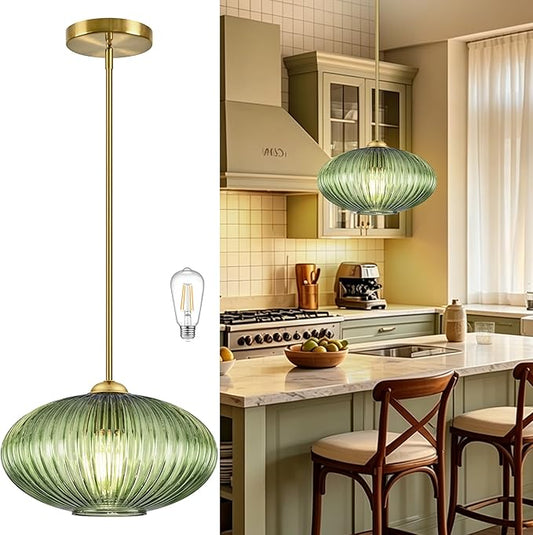 12" Green Glass Modern Pendant Light Kitchen Island Brushed Gold Mid Century Modern Pendant Lighting with Clear Green Glass Hanging Pendant Light for Dining Room（Bulb Incl.）