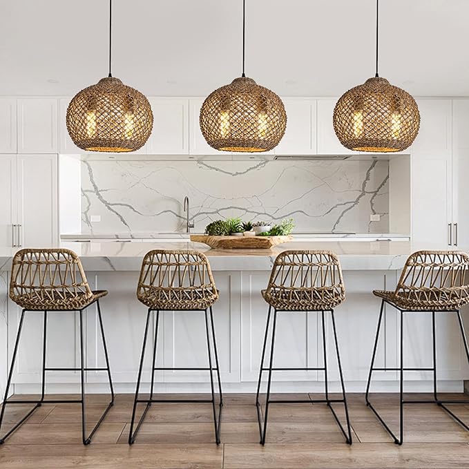 2-Light Rattan Pendant Light, Farmhouse Rattan Chandelier Boho Hand Woven Wicker Hanging Light Fixture for Kitchen Island Living Room Bedroom Dining Room Foyer