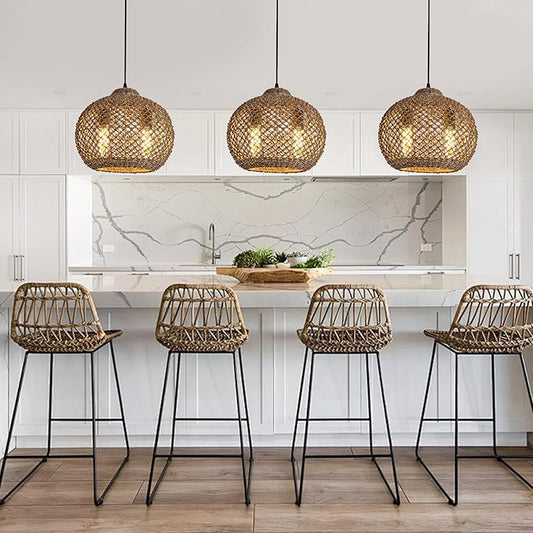 2-Light Rattan Pendant Light, Farmhouse Rattan Chandelier Boho Hand Woven Wicker Hanging Light Fixture for Kitchen Island Living Room Bedroom Dining Room Foyer