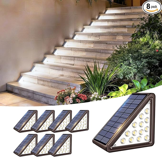 Solar Step Lights Outdoor Waterproof IP65,Cool White Brown Solar Stair Lights, Outdoor Light Decor for Stair, Deck, Step, Porch and Outside Patio, 8 Pack