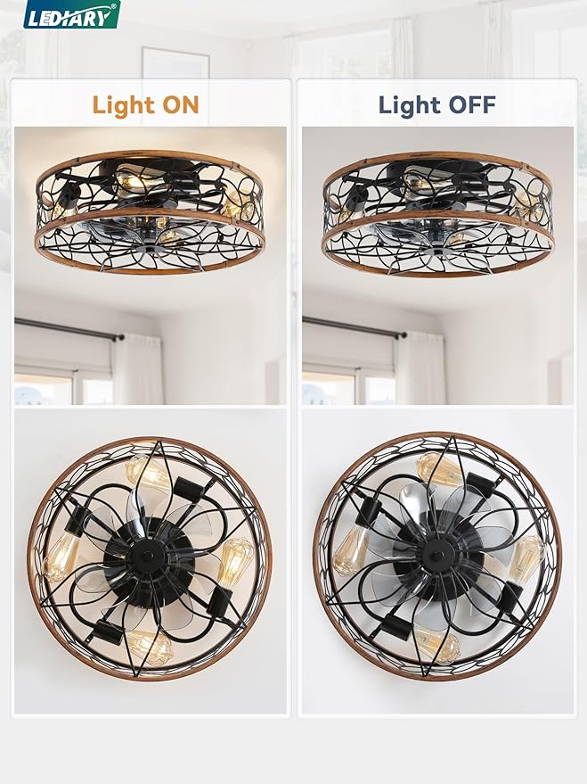 LEDIARY Caged Ceiling Fans with Lights, Farmhouse Flush Mount Ceiling Fan with Remote&App, Black&Walnut Low Profile Ceiling Fan Light Fixture for Bedroom, Kitchen, Dining Room.