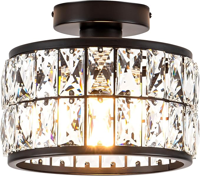 Rpzloila Crystal Ceiling Light Fixture, Modern Semi Flush Mount Ceiling Light,Crystal Chandelier for Kitchen Bedroom Bathroom Entryway, Black Finish