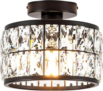 Rpzloila Crystal Ceiling Light Fixture, Modern Semi Flush Mount Ceiling Light,Crystal Chandelier for Kitchen Bedroom Bathroom Entryway, Black Finish