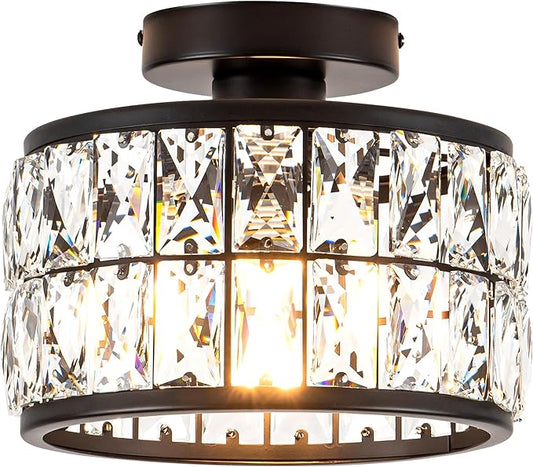 Rpzloila Crystal Ceiling Light Fixture, Modern Semi Flush Mount Ceiling Light,Crystal Chandelier for Kitchen Bedroom Bathroom Entryway, Black Finish