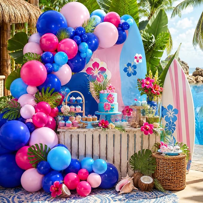 Blue Balloon Arch Kit,Royal Light Blue Hot Pink Balloons with Palm Leaves for Girl Boy Themed Birthday Party Decorations Baby Shower Graduation Summer Pool Hawaii Tropical Party Supplies