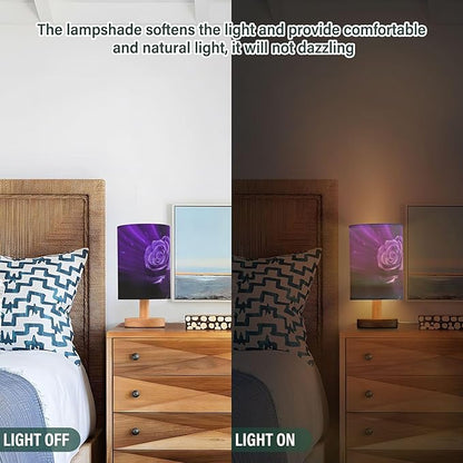 Table Lamp Magic Purple Rose Flower Neon Glare Floral Nightstand Lamp with Wood Base Fabric Lamp Shade Bedside Desk Lamp for Living Room Bedroom Kids Room Office