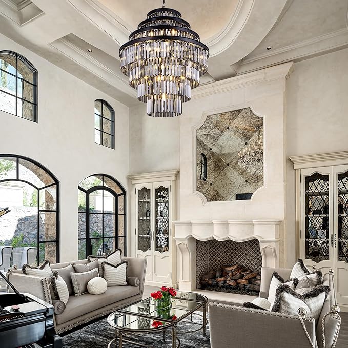 Wellmet Smoke Gray Luxury 7-Tier Chandelier - Large Black Crystal Chandelier for Living, Dining, Porch, Entryway, Hallway, Restaurant - 31''W