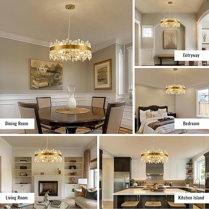 Siljoy Modern Crystal Chandelier, 12-Light Brushed Gold Round K9 Crystal Raindrop Chandelier, Luxury Dimmable Pendant Ceiling Light for Dining Room Living Room Kitchen Island Entryway Foyer, D23.6''