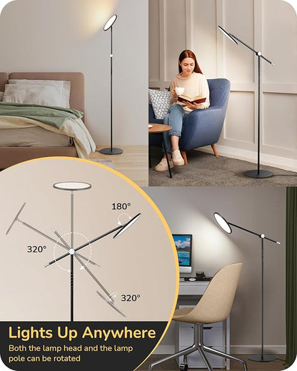 EDISHINE LED Floor Lamp for Reading, 1600LM Bright Dimmable Lamp with Type-C Port, Head & Arm Rotating, 3000K-6000K Tall Modern Minimalist Standing Light for Living Room, Bedroom, Office, Black