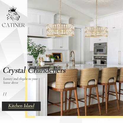 CATINER Modern Crystal Chandelier for Dining Room Gold Semi Flush Mount Ceiling Light Fixtures 18” Large Round Crystal Pendant Lighting for Foyer Bedroom Living Room