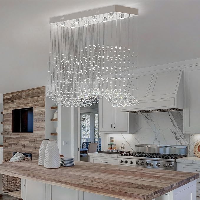 Finktonglan 39.4" Rectangular Crystal Chandelier for Kitchen Island, 8-Light Linear Island Pendant Light, GU10 Base (Bulbs Not Included), Height Adjustable Modern Dining Room Ceiling Light