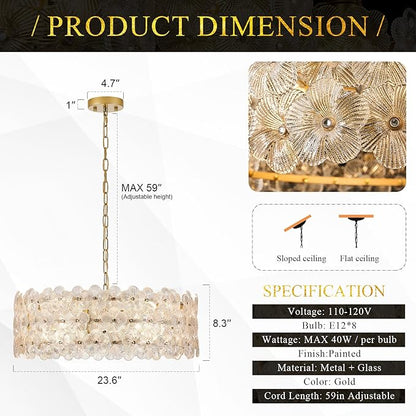 24" Clear Flower Glass Chandeliers 8-Lights Modern Gold Chandelier Light Fixture Luxury Pendant Lighting for Foyer Entryway Living Dining Room Kitchen, E12