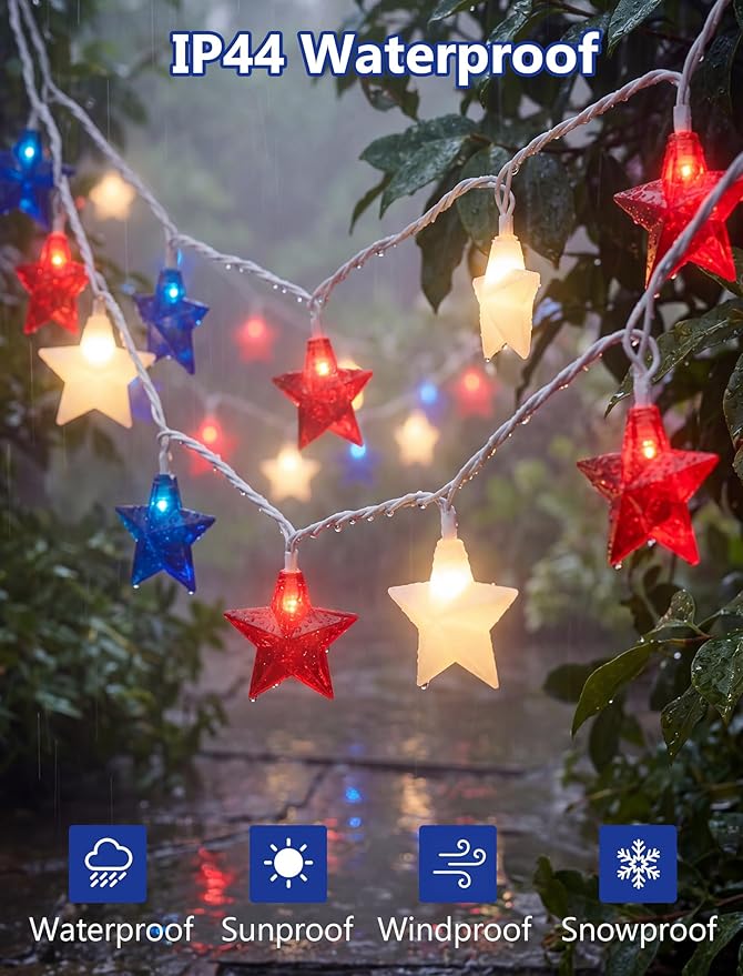 8.5Ft Patriotic Red White Blue Star String Lights, 10 LED Plug in Connectable Fairy Lights for 4th of July Independence Day, Outdoor Waterproof Star Lights for Patio Garden Bedroom Holiday Party Decor