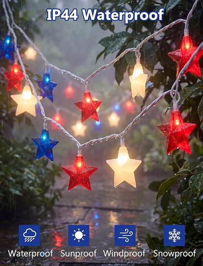 8.5Ft Patriotic Red White Blue Star String Lights, 10 LED Plug in Connectable Fairy Lights for 4th of July Independence Day, Outdoor Waterproof Star Lights for Patio Garden Bedroom Holiday Party Decor