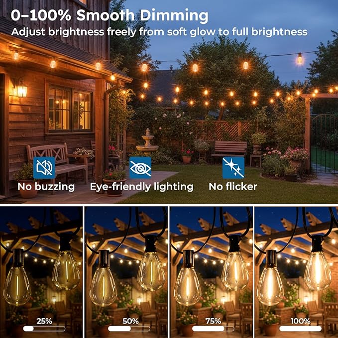 GvvooHome 150FT Outdoor String Light with S11 Plastic Bulbs, Low-Voltage LED Patio Light with App & Remote, Music Sync, 4 Lighting Modes, Dimmable & Waterproof for Backyard, Porch, Garden, Deck, Party