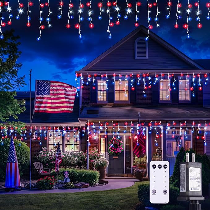 JMEXSUSS Icicle Lights for 4th of July Decor, 400 LED Red White and Blue Icicle Lights for Outside, 38.8 Ft Independence Day Icicle String Light Indoor Outdoor Holiday American Flag Decor