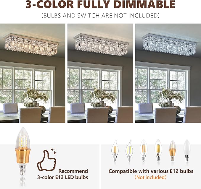 Crystal Chandelier for Dining Room 39.3" Modern Gold K9 Crystal Rectangle Chandeliers Flush Mount Pendant Light Fixture Kitchen Island Bar Dining Room Bedroom Bathroom Hotel