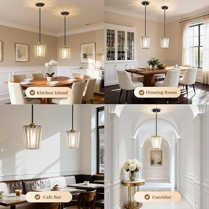2 Pack Crystal Pendant Lights Kitchen Island - Modern Black and Gold Pendant Light Mini Adjustable Hanging Pendant Lights for Kitchen Island Dining Room Foyer Hallway