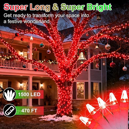 WUXYIYANG 1500 LED 470FT Red Valentine Lights, 12 Pro Modes and Timer Memory & Dimmable, Plug in Indoor Valentine Room Light for for Xmas Bedroom Yard Tree Wedding Party Outdoor Waterproof Decor (Red)