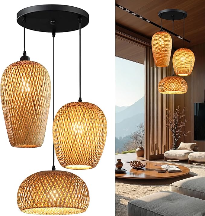 Bamboo Lantern Pendant Lamp, Retro Japanese Style E27 Chandelier Hanging Light Ceiling Lighting Fixture for Living Room Bedroom Restaurant Cafe Teahouse Bar Dining Room Club