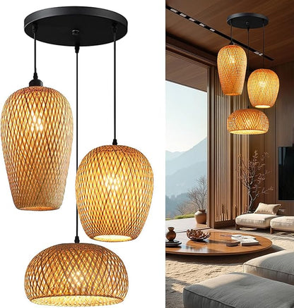 Bamboo Lantern Pendant Lamp, Retro Japanese Style E27 Chandelier Hanging Light Ceiling Lighting Fixture for Living Room Bedroom Restaurant Cafe Teahouse Bar Dining Room Club