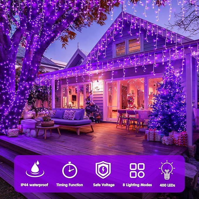 JMEXSUSS Purple Christmas Icicle Lights, 38.8 FT 400 LED Icicle Light Outdoor Waterproof, 8 Modes Purple Halloween Lights with 80 Drops Plug in for House Christmas Party Decorations