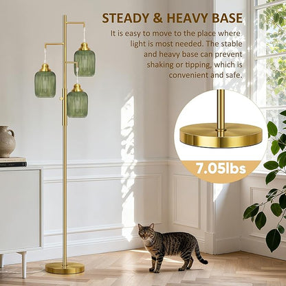 ROTTOGOON Dimmable Gold Floor Lamp for Living Room- 3 Light Green Glass Floor Lamps, Vintage Brass Tree Floor Lamps with 3X 6W LED Bulbs, Modern Standing Tall Lamp for Bedroom, 68", Gold & Green Glass
