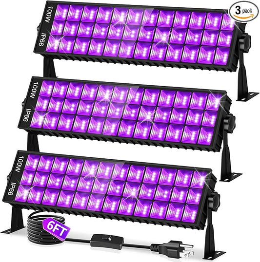 100W Black Light Bar IP66 Waterproof, LED Blacklight with Plug+Switch+6ft Cord, Outdoor Black lights, Light Up 1400 sq.ft, for Neon Glow Party Body Paint Fluorescent Poster Classroom Halloween, 3Pack