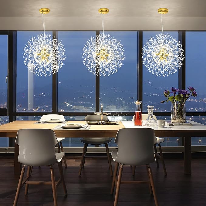 Qamra Modern Gold Crystal Chandeliers, Firework Dandelion Sputnik Chandelier Light Fixture Pendant Lighting for Dining Room, Bedroom, Kitchen, Living Room(9-Light, Gold)
