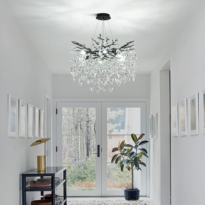 Modern Crystal Tree Branch Chandelier, Black Round Art Deco Pendant Light Raindrop Lighting Fixture for Dining Room Bedroom Foyer 6 Lights D18''