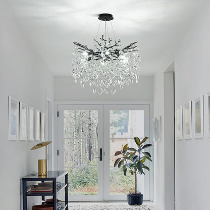 Modern Crystal Tree Branch Chandelier, Black Round Art Deco Pendant Light Raindrop Lighting Fixture for Dining Room Bedroom Foyer 6 Lights D18''
