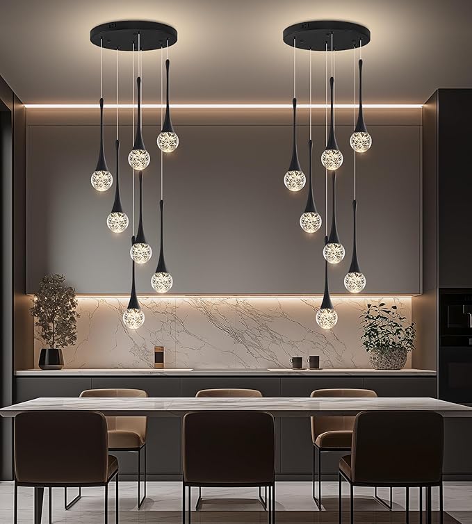 Modern Black Crystal Chandelier for Kitchen Island 7-Lights, Luxury Spiral Dimmable LED Bubble Raindrop Pendant Lighting Fixture for Dining Room Foyer Entryway Bedroom