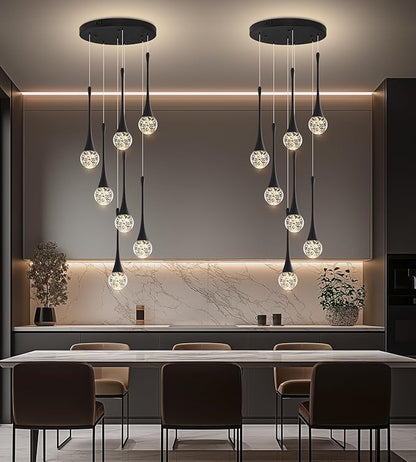 Modern Black Crystal Chandelier for Kitchen Island 7-Lights, Luxury Spiral Dimmable LED Bubble Raindrop Pendant Lighting Fixture for Dining Room Foyer Entryway Bedroom
