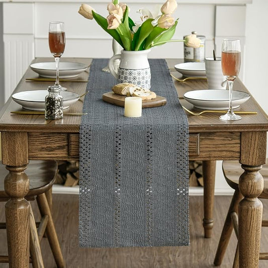 Artoid Mode Dark Grey Farmhouse Woven Rustic Hollow Table Runner, Seasonal Holiday Hollow Kitchen Dining Table Decoration for Home Party Decor 12x90 Inch