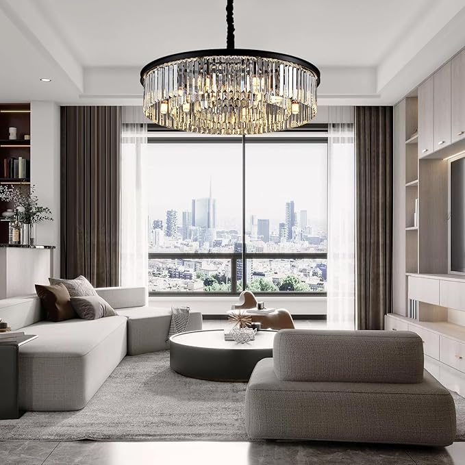 31.5" 12-Light Modern Crystal Chandelier Light Fixtures 3 Rings Black Luxury Chandeliers for Living Room Glam Round Hanging Ceiling Pendant Lighting for Entryway Kitchen Bedroom Dining Room
