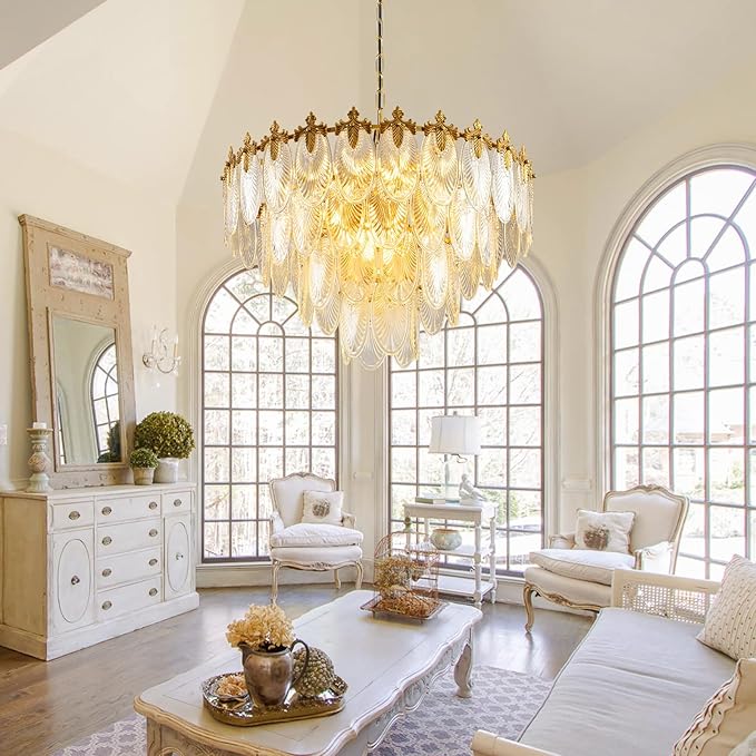 KELUOLY Modern Large Crystal Chandelier, 4-Layer Gold Glass Chandelier, 12 Light Round Antique Ceiling Pendant Light, 31.5 Inchs Adjustable Height for Foyer, Living Room, Bedroom, Dining Room