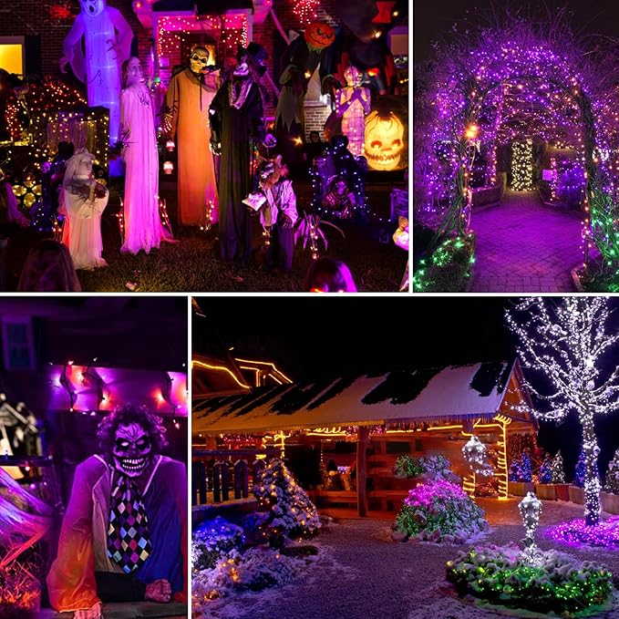 New Upgraded Orange and Purple Solar Halloween Lights, 19 Modes 2 Pack Total 144FT 400 LED Solar String Lights Outdoor Waterproof Solar & USB Rechargeable for Halloween Decorations, Orange & Purple