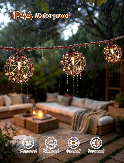8.5Ft Outdoor Decorative Patio Lights, 10L Beaded Copper Wire Ball Style Lantern Lights, Connectable Weather-Resistant Indoor Outdoor Boho String Lights for Home Pergola Campings Porch Party Backyard