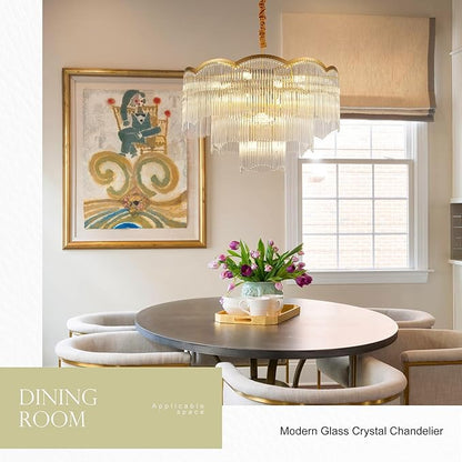 27.75" Gold Clear Glass Crystal Chandelier 14-Light Modern Crystal Pendant Ceiling Light Fixture 4-Tier Luxury Glass Chandeliers,for Dining Room Kitchen Island Living Room Bedroom