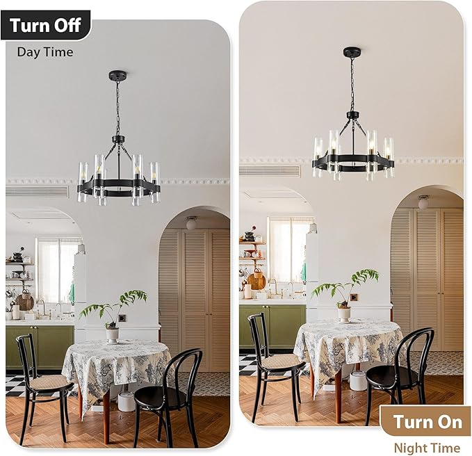 6-Light Large Black Wagon Wheel Chandelier with Glass Shades, 20 Inch Farmhouse Industrial Round Chandelier for High Ceilings, Pendant Lighting Fixture for Dining Living Room Kitchen Island Foyer