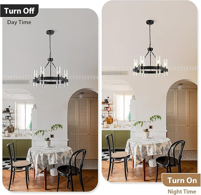 6-Light Large Black Wagon Wheel Chandelier with Glass Shades, 20 Inch Farmhouse Industrial Round Chandelier for High Ceilings, Pendant Lighting Fixture for Dining Living Room Kitchen Island Foyer