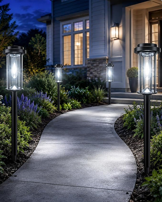 DERAYSION 12 Pack Solar Lights Outdoor, 21" Solar Pathway Lights Auto On/Off Waterproof Garden Lights for Path, Yard, Walkway, Driveway Decor, Cool White