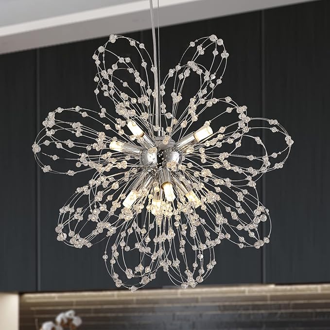 Firework Crystal Chandeliers, Modern Chrome Small Dandelion Chandelier, 8-Light Sputnik Pendant Hanging Light Fixture for Bedroom, Kitchen Island, Dining Room