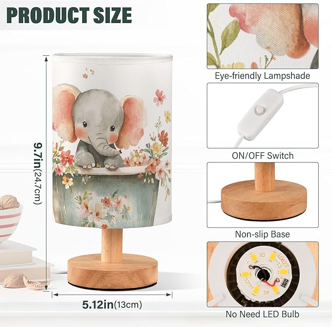 Cute Elephant Pink Floral in Tub Table Lamp with Wood Base Fabric Lamp Shade Bedside Nightstand Desk Lamp for Living Room Bedroom Kids Room Office